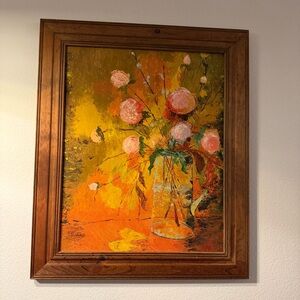 Vtg Floral Still Life Framed Original Painting 24” Wall Art Impressionist Style